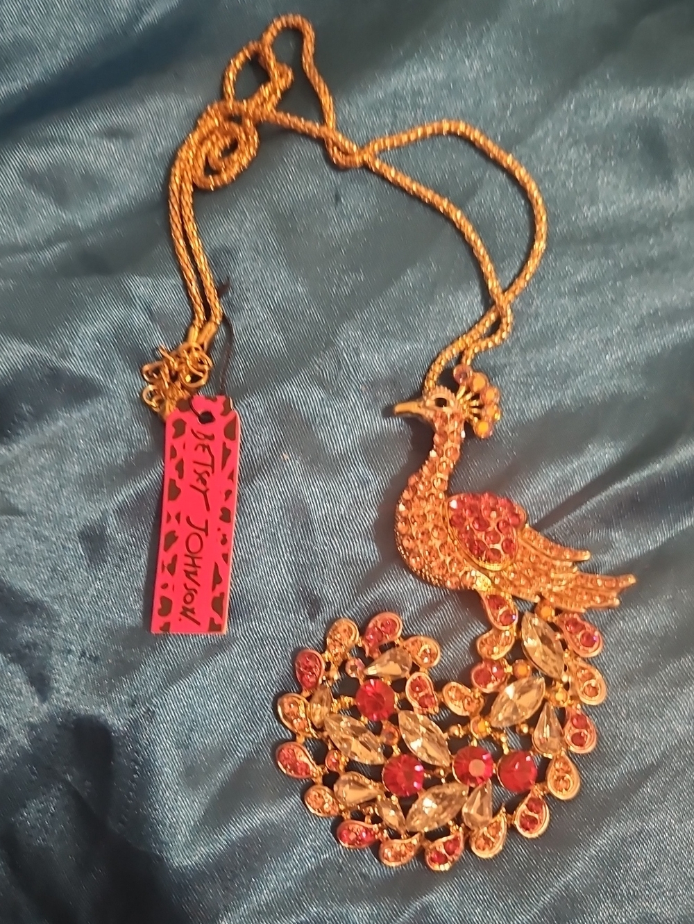 Betsey Johnson Gold-tone Peacock Pendant Necklace with Red Crystals